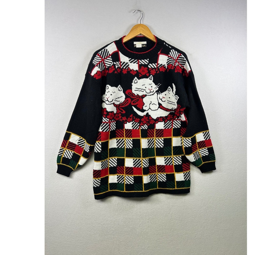 Vintage Dana Scott‎ Women's Black Cat Plaid Knit Sweater Large